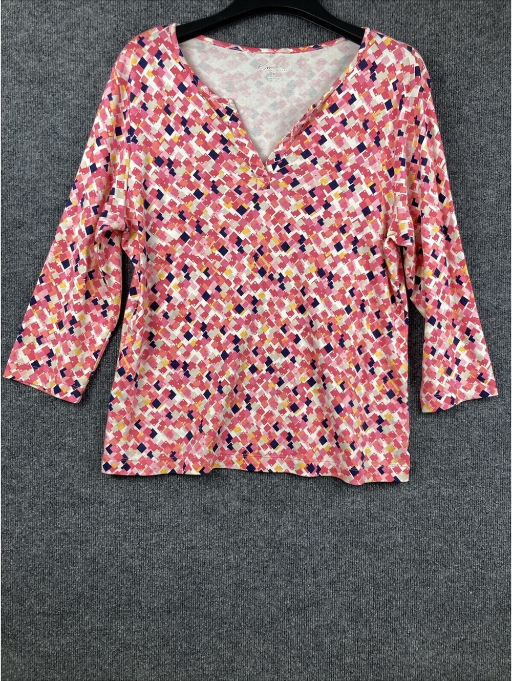 Kim Rogers Womens XL Pink 3/4 Sleeve V- Neck Geometric Pattern Shirt Top EUC